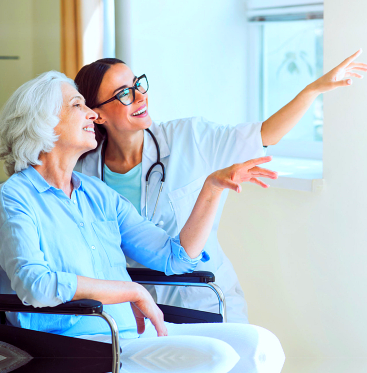 nurse and patient pointing