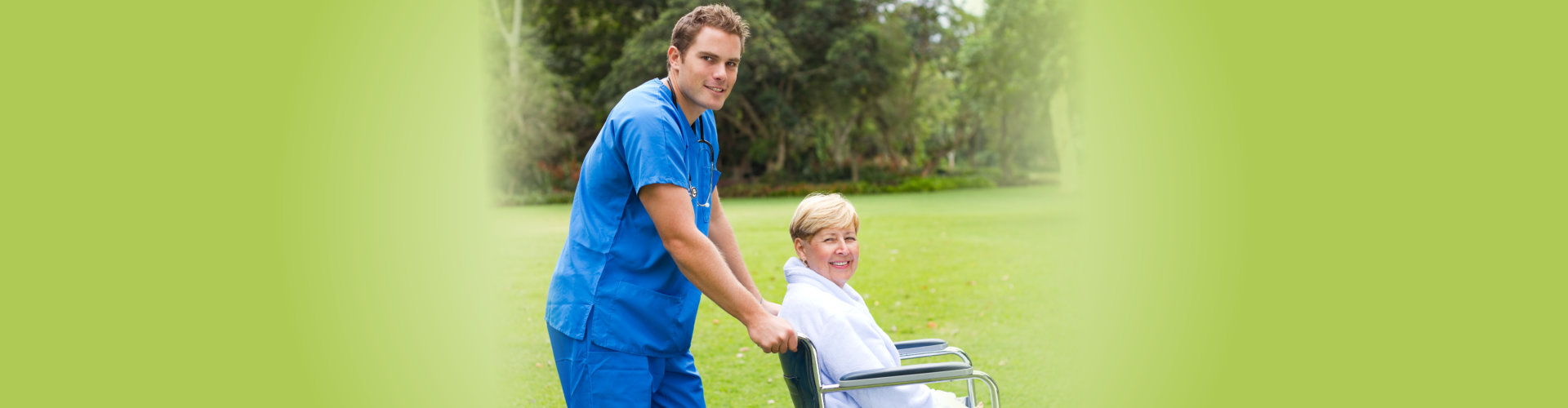 caregiver pushing old woman on wheelchair